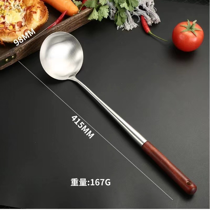 Paleta de acero inoxidable, mango de madera largo, pala de cocina, pala de chef, cuchara de cocina, utensilios de cocina domésticos resistentes a altas temperaturas y a las escaldaduras