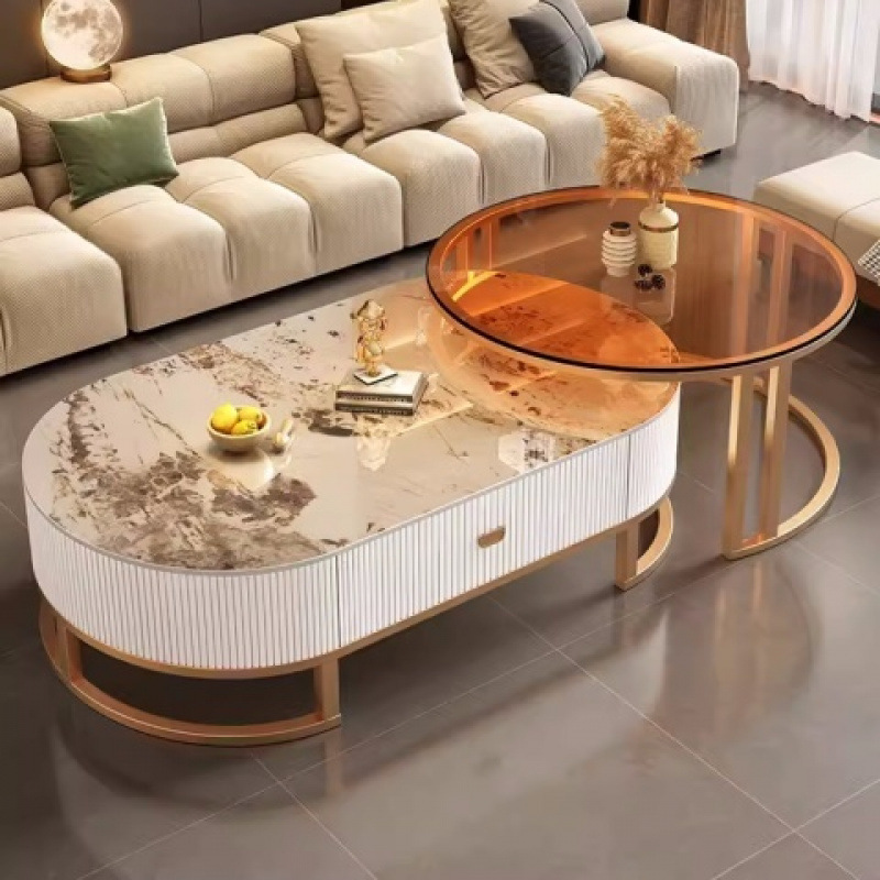 Mesa de té de tabla de roca, sala de estar doméstica de lujo ligero y moderno 2025, nueva combinación de mesa de té ovalada simple de tipo pequeño