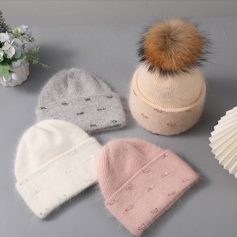 Poils de lapin tricotés pour enfants, mode chaude d'hiver. La laine est polyvalente pour les femmes avec des bords retournés et un double pli_voghion.com