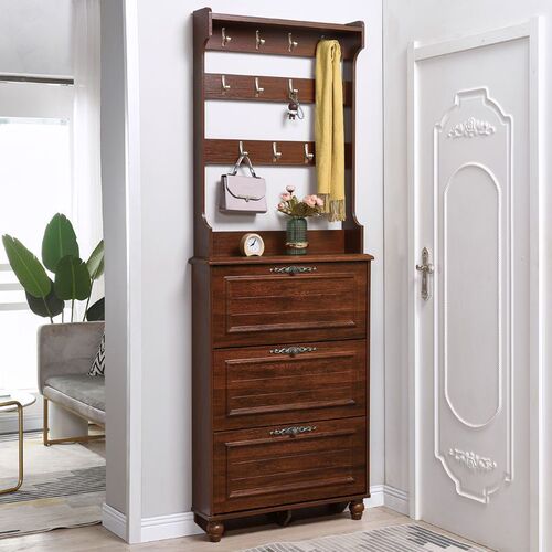 American-style ultra-thin shoe cabinet with coat rack, minimalist modern entryway cabinet for home use—features a tipping mechanism for easy shoe storage at the front door.