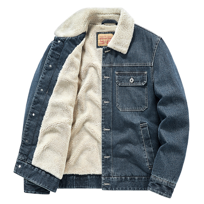 2023 Autumn/Winter New Collection Cross-Border Men's Casual Fleece-Lined Jacket Turn-Down Collar Warm and Comfortable Denim Workwear Coat