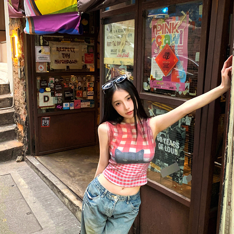 红色辣妹季修身外穿格子猫咪设计印花吊带背心女夏感无袖上衣短款|undefined