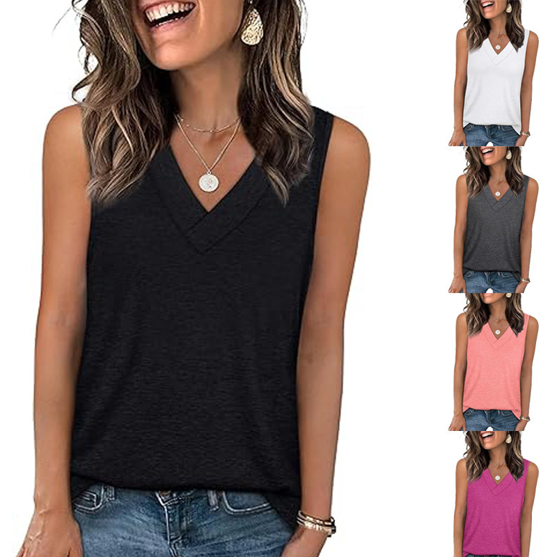 2026 European and American Cross-Border Amazon Women's Solid Color Summer Vest Sleeveless Casual V-Neck T-Shirt Fashion Basic Top