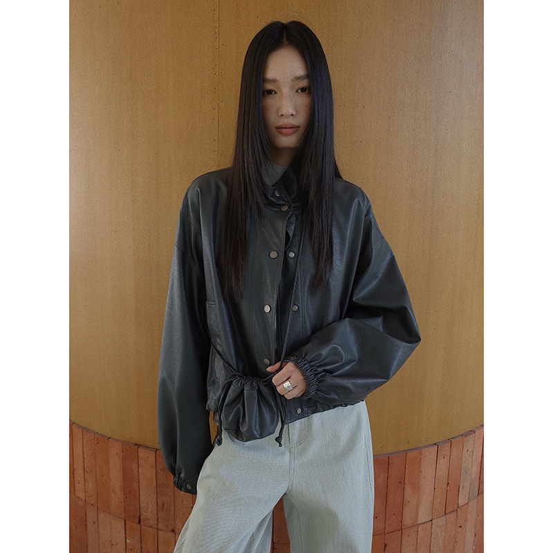 Mmc Maillard Leather Short Jacket for Women, New Autumn Design with a High-End Stand Collar Motorcycle Jacket, Includes a Delivery Bag