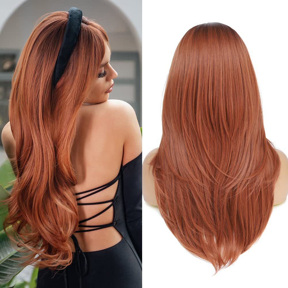 Women's Long Curly Hair Wig With Side Bangs Fashion Synthetic Fiber Rose Mesh Headgear_voghion.com