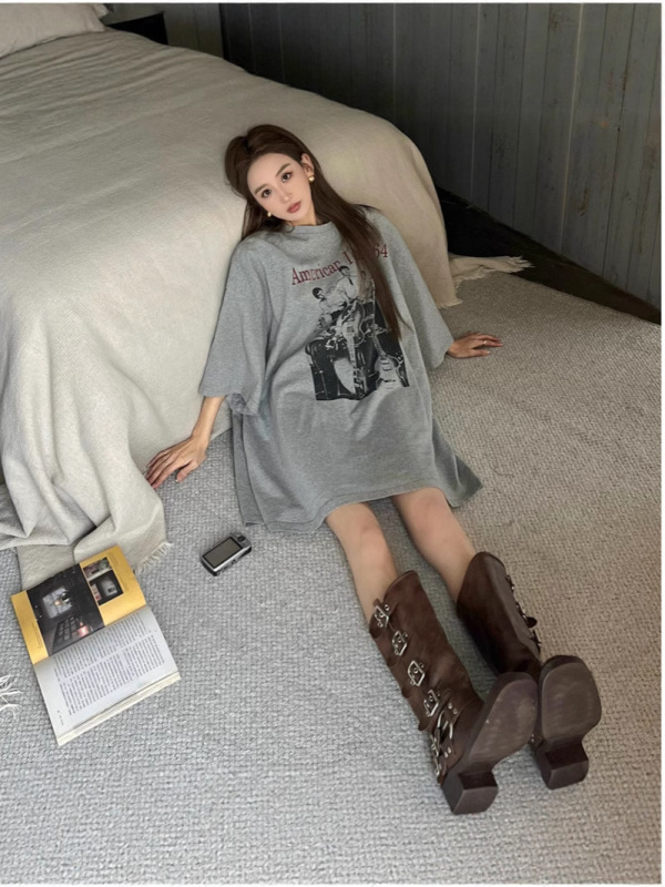 アメリカンレトロミッドレングスBFスタイル半袖Tシャツレディースプラスサイズファットmm夏ルーズカップルトップデザイン|undefined