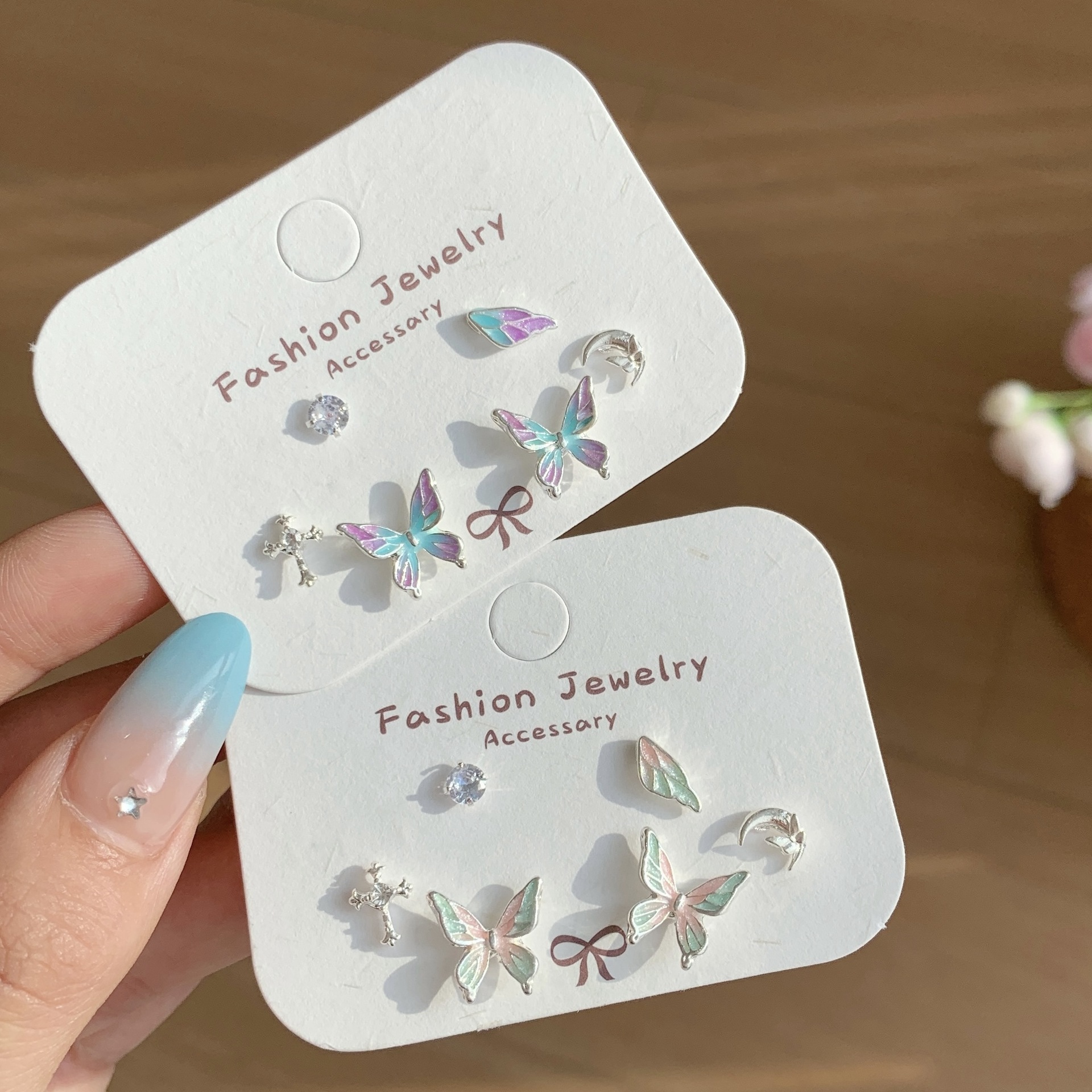 summer gradient mint mambo green butterfly stud earrings three-piece set women‘s silver needle small moon cross sweet earrings