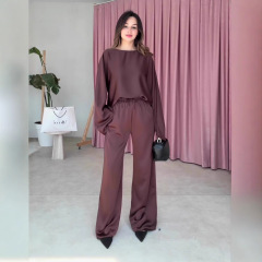 欧美亚马逊跨境外贸2025秋季新款圆领长袖缎面休闲长裤宽松套装女