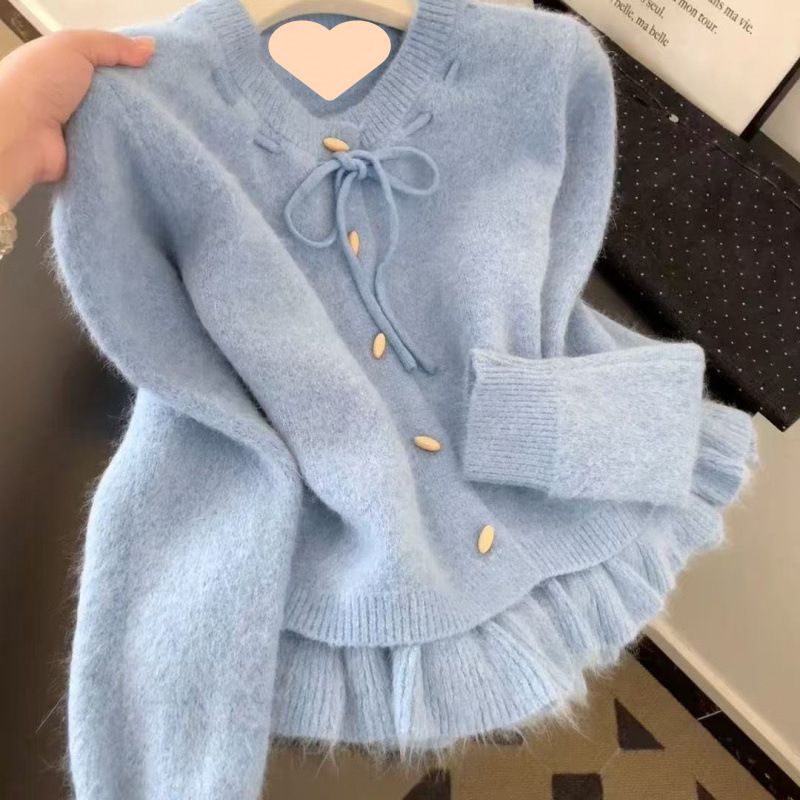 系带针织甜美俏皮设计绑带小众纽扣假两件毛衣法式温柔针织衫