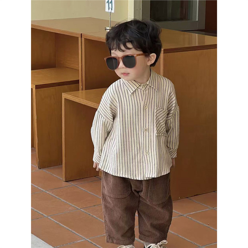 Boys' long-sleeved shirt, spring and autumn 2025 new style, handsome and fashionable striped clothes for baby boys, casual shirt