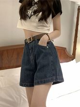 美式高腰牛仔短裤女夏季新款复古小个子深蓝宽松显瘦百搭阔腿短裤