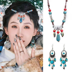 エスニックスタイルセラミックウォータードロップ額チェーンボヘミア旅行写真レトロヘアアクセサリーエキゾチック漢服眉毛ペンダント女性用
