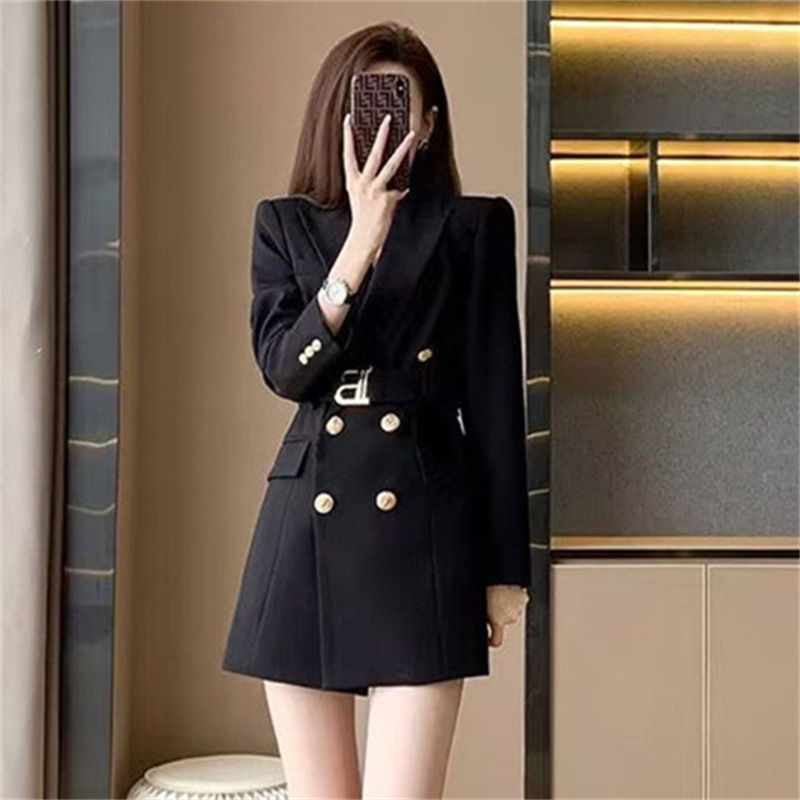 Elegant Socialite Double-Breasted Dress, Elegant Waist-Cinching Suit Jacket, Slimming Goddess Style Black Suit Skirt
