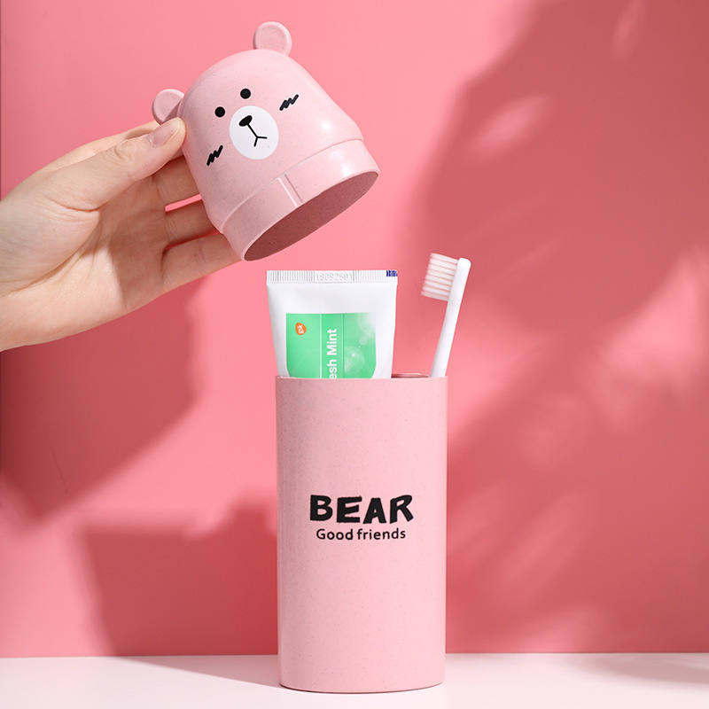 Trigo paja Oso de dibujos animados taza baño par enjuague bucal taza viaje portátil pasta de dientes cepillo de dientes taza de almacenamiento image 3