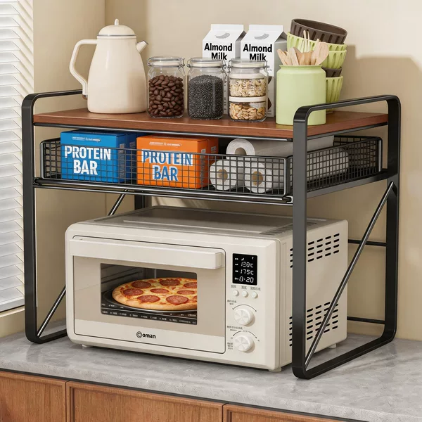 Microwave oven shelf, kitchen countertop, oven rack, multi-functional storage, pull-out plastic wrap holder, rice cooker organizer