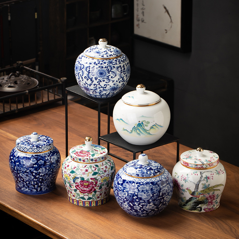高檔復古青花陶瓷大號存儲茶葉罐家用防潮密封罐儲物空罐普洱紅茶