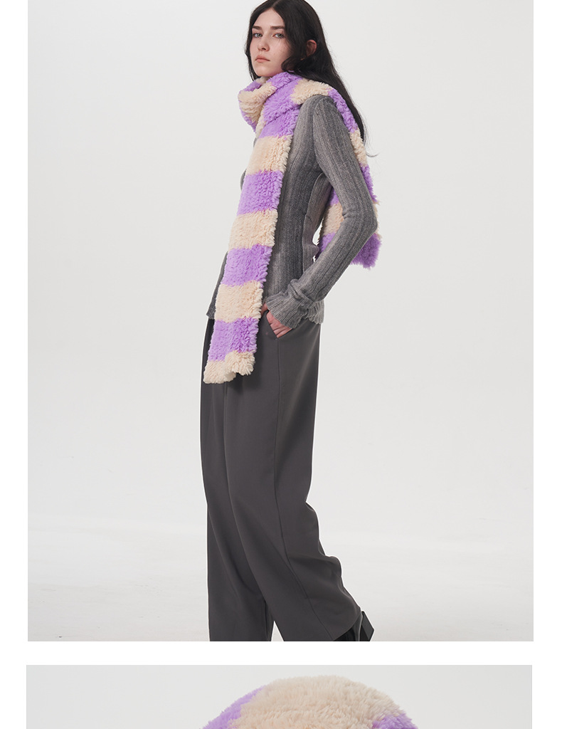 Women's Scarves Soft striped two-color plush scarf for women winter new warm thickened versatile cute knitted scarf scarf_voghion.com