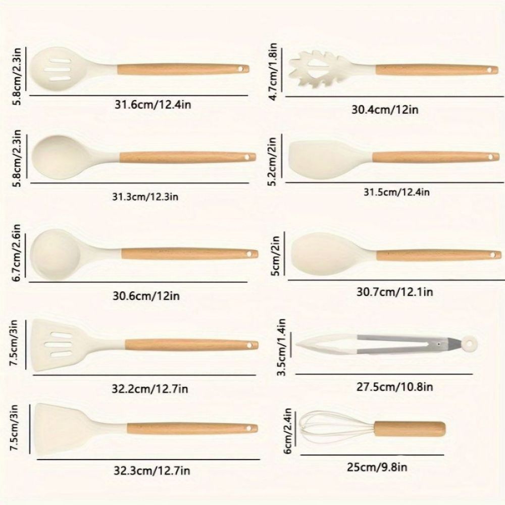 Mango de madera, espátula de silicona, sartén antiadherente, colador de cocina para el hogar, cuchara, pala, mango de madera, juego 10, suministros de cocina