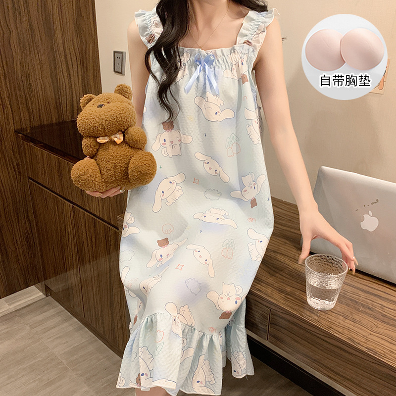 Verano nuevo pijama de mujer lindo dibujo animado simple y suelto estudiantes con cojín de pecho pijama casero vestido largo