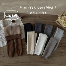 DJF878冬季新款儿童打底裤宝宝纯色加绒加厚九分裤宽条复合保暖裤