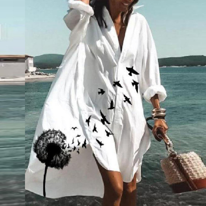 Vestido bohemio estampado para mujer, manga larga, corte holgado
