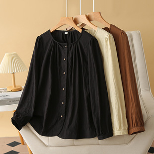2024 Autumn Long Sleeve Shirt Plus Size Women's Pleated Collar 100kg Fat mm Temperament Cardigan Long Sleeve Shirt Slimming 415