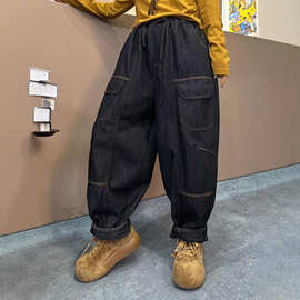 2025 秋冬新款英伦风宽松系带休闲加绒牛仔裤 百搭文艺哈伦裤九分