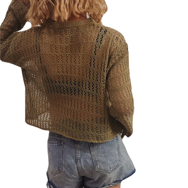 2023 cross-border Amazon leisure beach sunscreen blouse crew neck long sleeve hollow simple pullover sweater