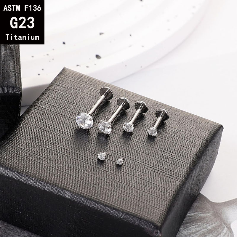 G23 Titanium Four-Claw Inlaid Zircon Inner Tooth Lip Nail Internal Thread Ear Stud, 1.2mm x 14mm, 8mm Top detail image 12