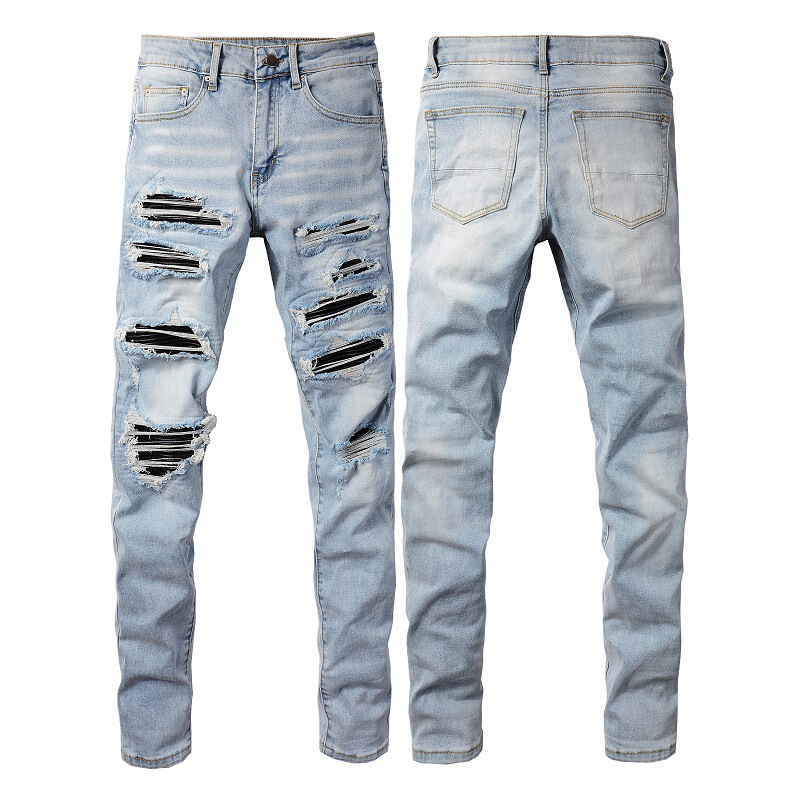 European and American High Street Jeans Men's Patch Hand-Washed Ripped Jeans Slim Fit Small Leg Jeans 1307