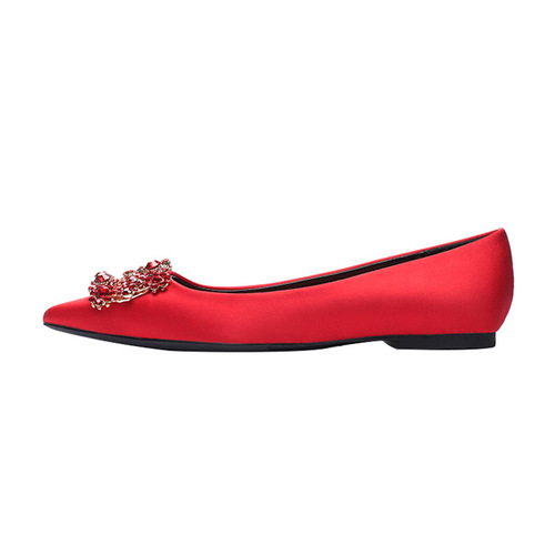 Size 41 4332 Women's Shoes Pointed Toe 42 Fashion Small Single Shoes 3331 Xiuhe Rhinestone Flat Wedding Shoes Red Size Large