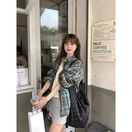 潮牌双色磨毛格子衬衫男女2025春季复古美式宽松长袖衬衣情侣外套