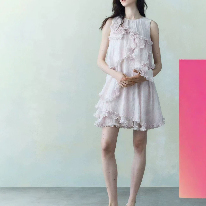 Celebrity-Inspired Wana Try Misty Print Layered Ruffle Dress Early Summer New Women's Dress