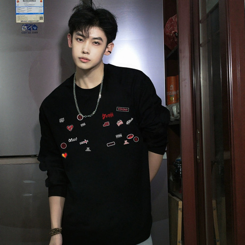 National fashion brand American retro printed round-collar sweater for men and women spring and autumn couples loose large size handsome all-match top