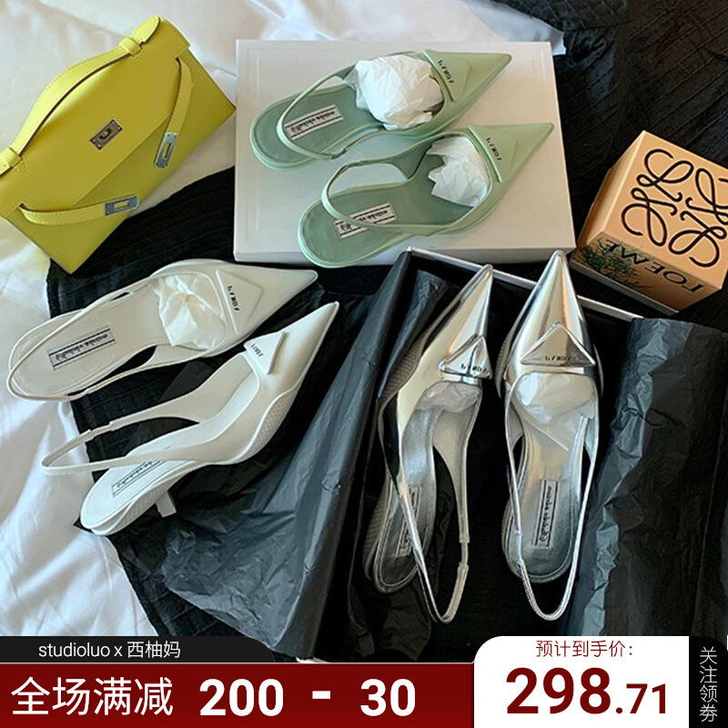 尖头凉鞋女2025夏季真皮猫跟单鞋后空后绊带三角标潮流高跟鞋|undefined
