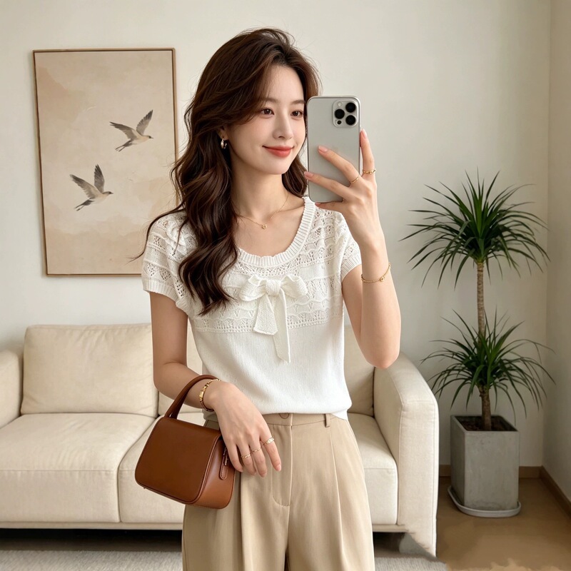 Gentle Style Hollow-Out Tie Bow Short-Sleeve Knit Top for Women, Thin T-Shirt, 2026 New Short-Sleeve T-Shirt