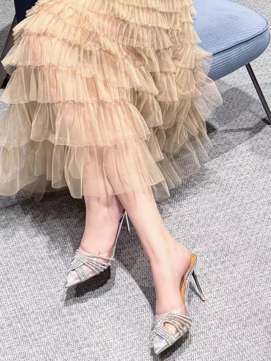 Silver Rhinestone High Heels Transparent Stiletto Mules Closed Toe Crystal Wedding Shoes Versatile Women's Sandals_voghion.com