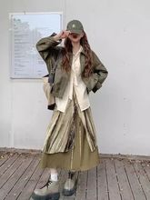 美式复古橄榄绿皮衣秋冬女时尚长袖衬衣设计感拼接半身裙三件套