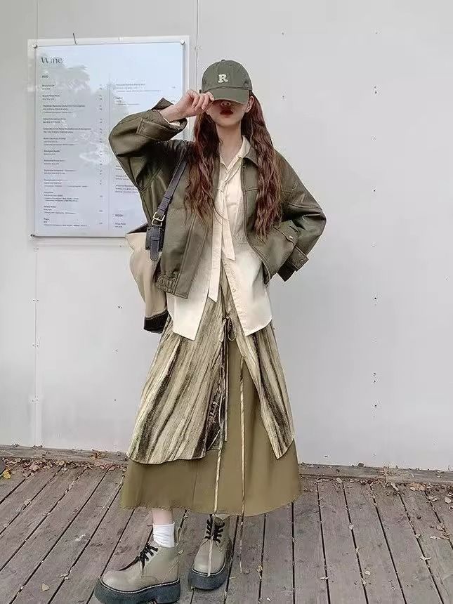 美式复古橄榄绿皮衣秋冬女时尚长袖衬衣设计感拼接半身裙三件套