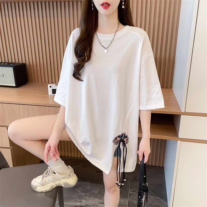 Camiseta de manga corta con hebilla de talla grande, estilo nacional femenino, suelta, talla grande, delgada, 2024 verano, nuevo estilo, top bordado, marea image 7