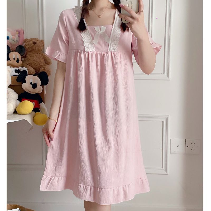 2025 nuevo estilo princesa viento nube hilo de algodón camisón mujer verano manga corta color sólido encaje pijama servicio a domicilio chica