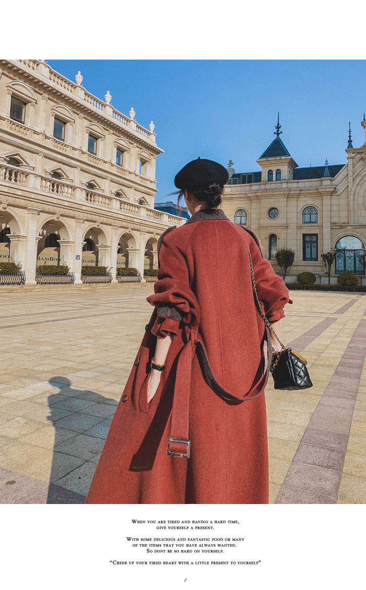 Women's Long Woolen Coat Brick Red Hepburn Style Winter Overcoat_voghion.com