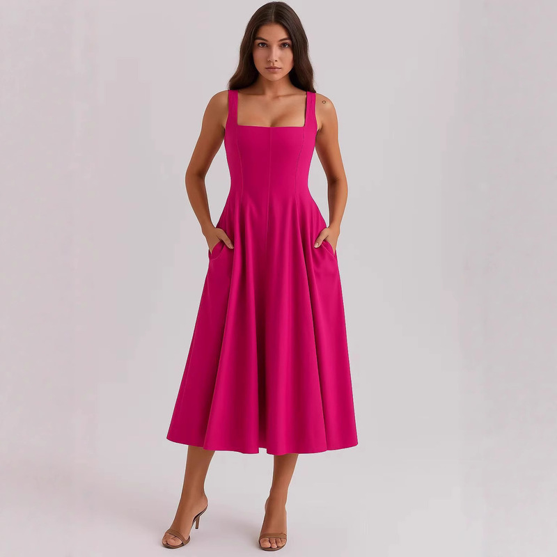 Amazon Cross-Border Women's French Low-Cut Waist Floral Suspender Dress Mid-Length Slit Leg-Revealing Hot Girl Outfit