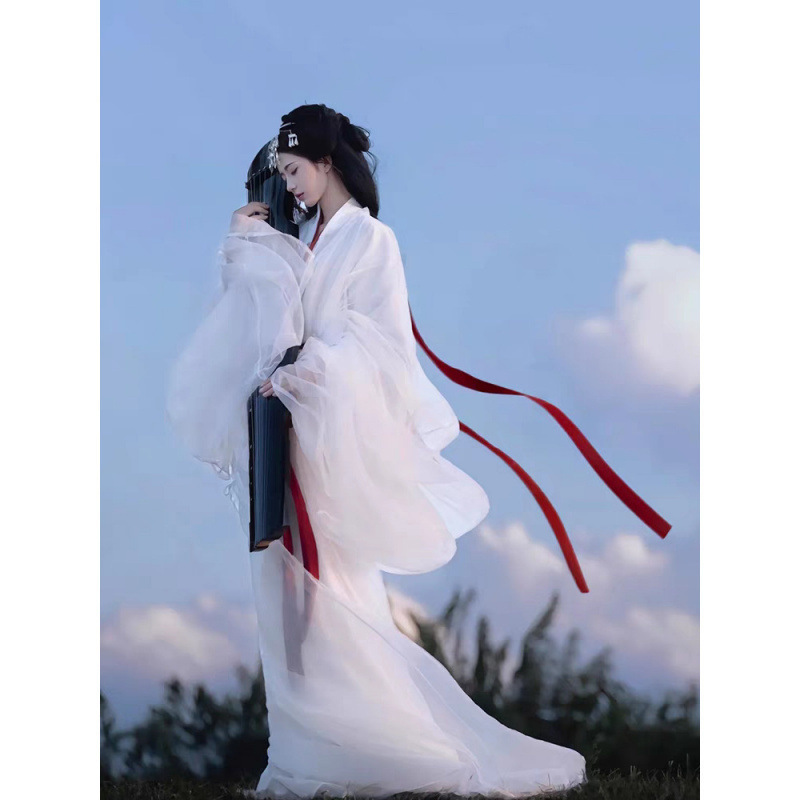 Hanfu Wei and Jin Dynasty Elegant Fairy-Like Ancient Costume with a Trailing Tail, White Cross-Collar Long-Sleeve Shirt, and Warring States Robe
