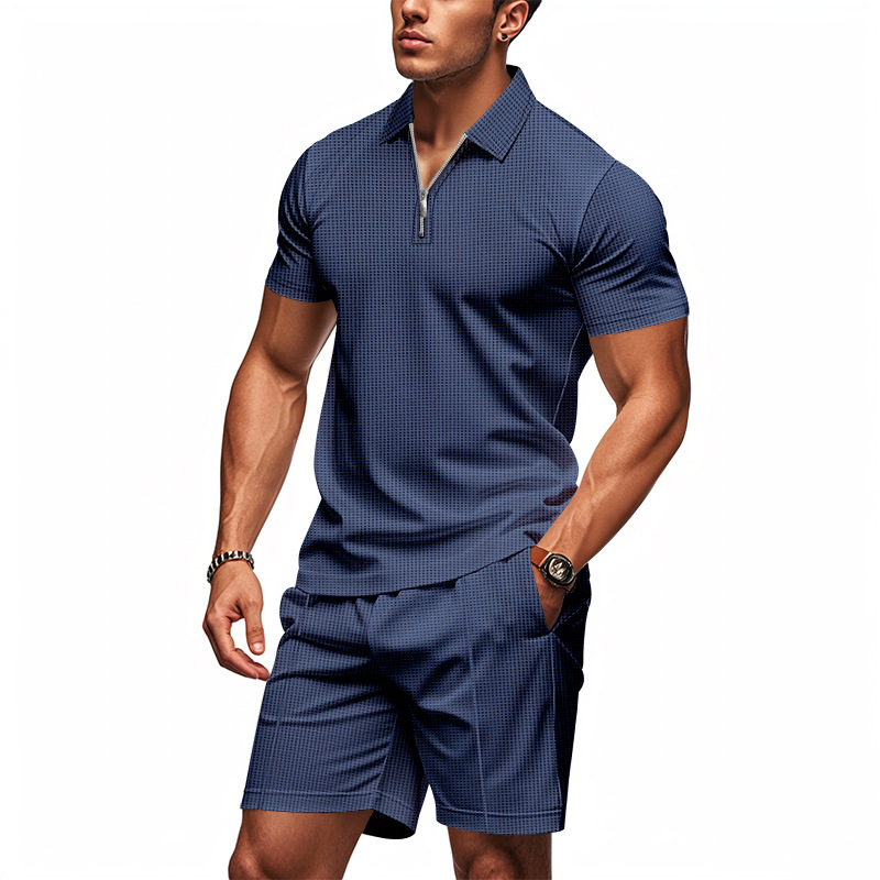 Summer Polo Men's Suit Loose Fit Zip Up Short Sleeved American Waffle Clothing For Men Shorts Included_voghion.com