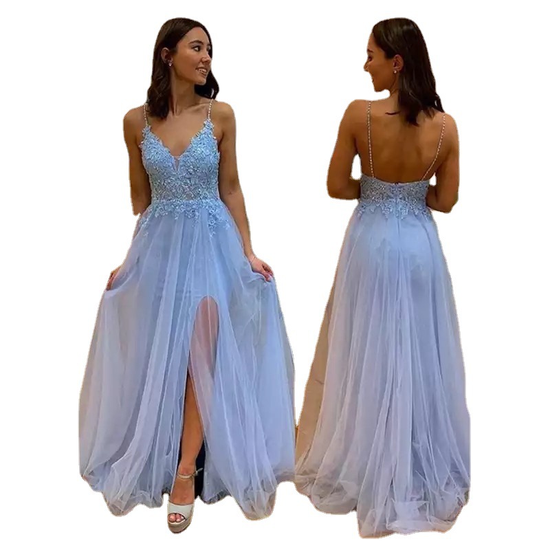 Amazon Comercio exterior luz azul vestido de fiesta de encaje apliques perlas una línea vestido de noche sin espalda
