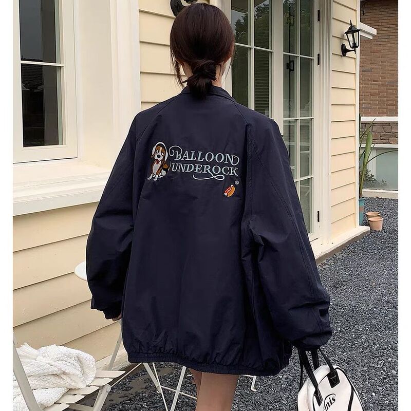 Korean Style Lazy Style Dog-Themed Trendy Baseball Jacket for Women, Korean-Style Spring Jacket with Stand Collar Workwear Cardigan