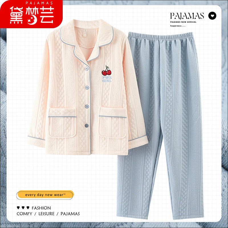 100% algodón pijamas de algodón de aire de las mujeres de otoño e invierno de manga larga engrosada de tres capas sándwich Delgado acolchado ropa para el hogar