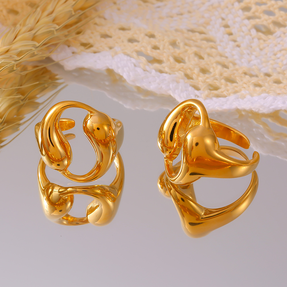 Anello da donna versatile personalizzato con doppia goccia circolare cava in acciaio al titanio, resistente allo sbiadimento_voghion.com