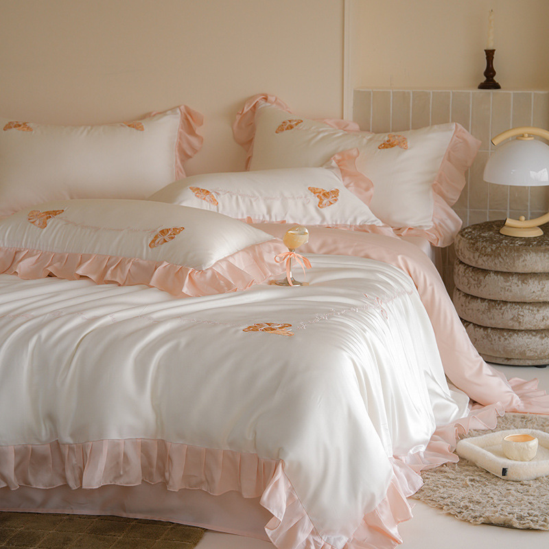 Parure de lit en microfibre style princesse française années 60, Lenzing autrichien, Tencel, ensemble quatre pièces pour dormir nu, drap-housse haut de gamme_voghion.com